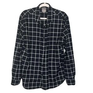 FRAME Men’s Black Plaid Shirt L Slim Fit Brushed Cotton Black Cream Windowpane